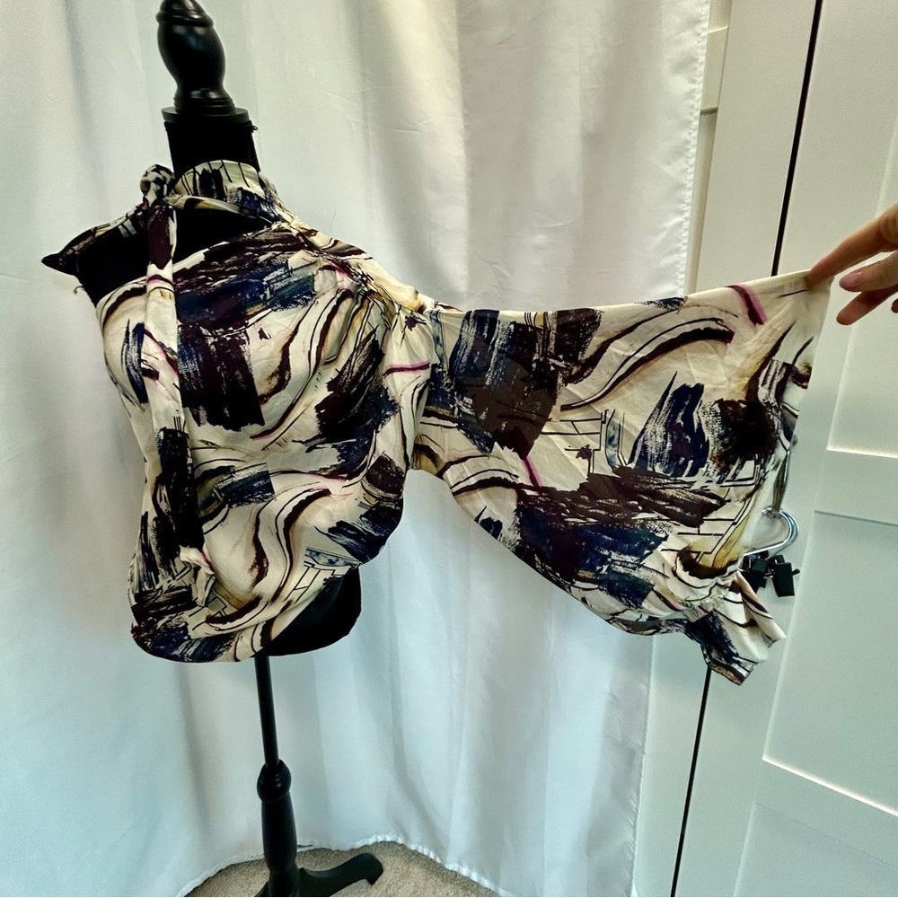 Zara limited edition abstract print asymmetrical one shoulder tie neck blouse M - Picture 7 of 14